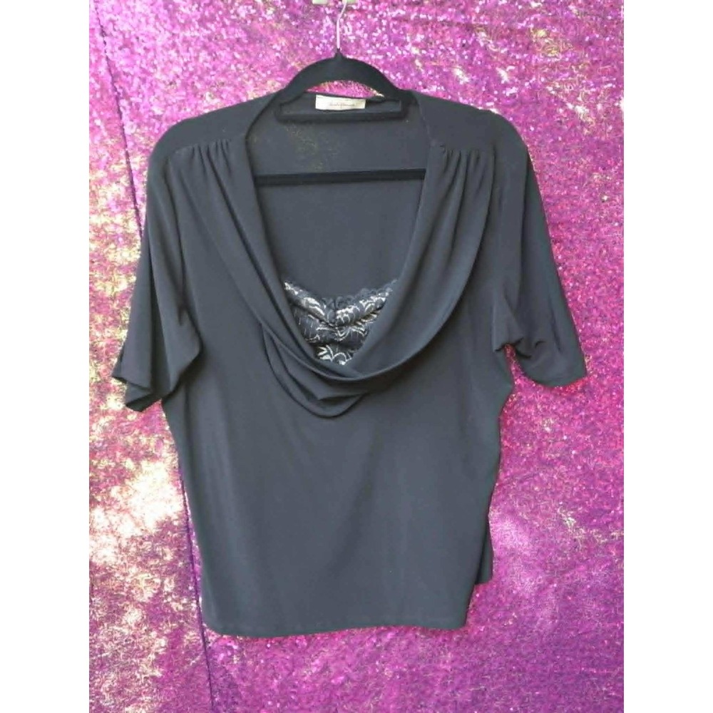 Black Cowl Neck Top 1X Sushi Flower Women Lace Inset Short Sleeve Blouse